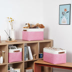 DULLEMELO Storage Baskets for Organizing, Shelves,Bedroom, Decorative Storage Bins with Faux Leather Handles, Fabric Storage Basket for Office, Toys(3-Pack, White&Pink)