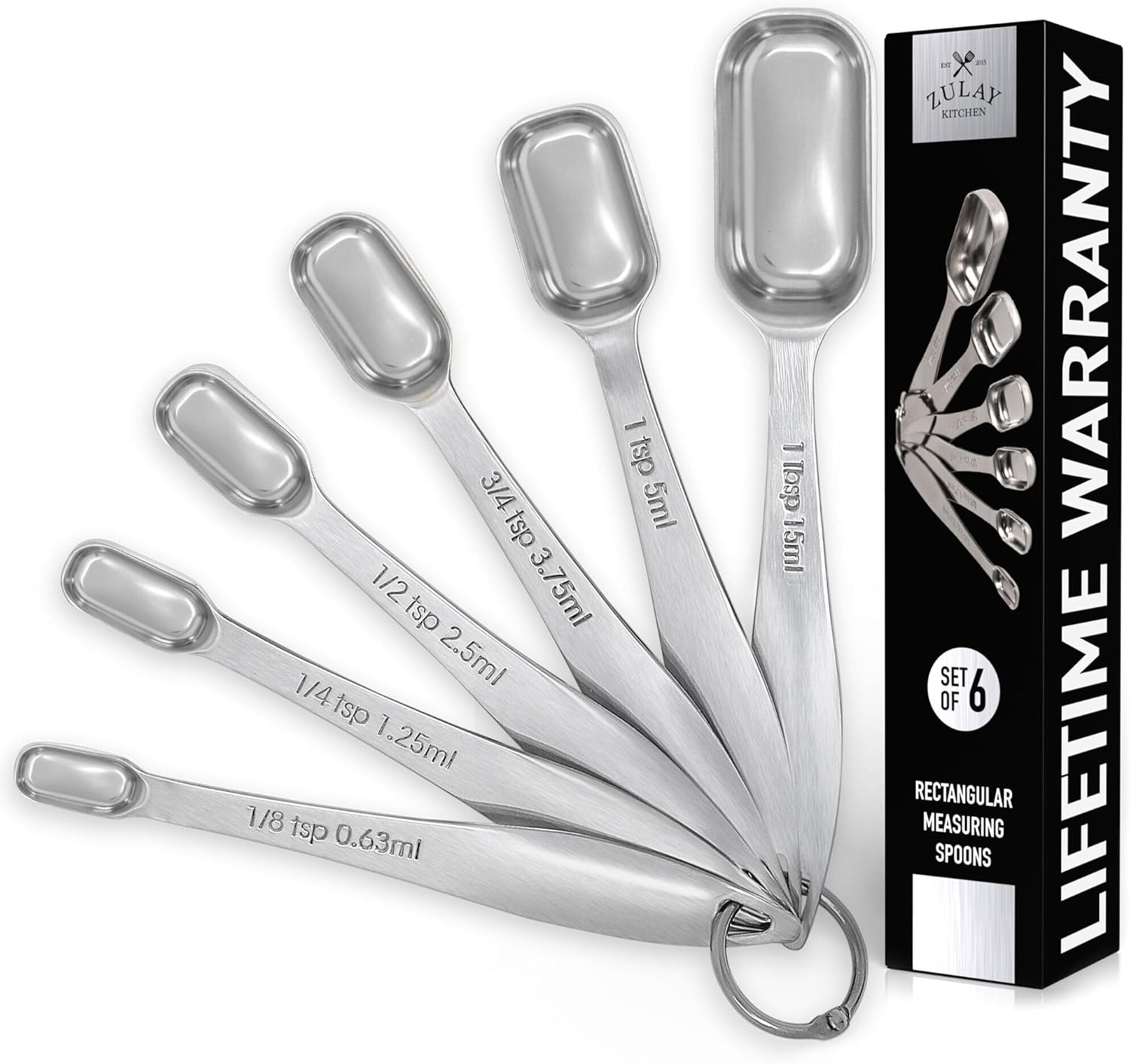 Zulay Measuring Spoons Set - 6 Piece Stainless Steel Measuring Spoons - Easy to Read, Etched Markings & Slim Design for Narrow Spice Jars - Heavy Duty Tablespoon Measure Spoon with Removable Clasp