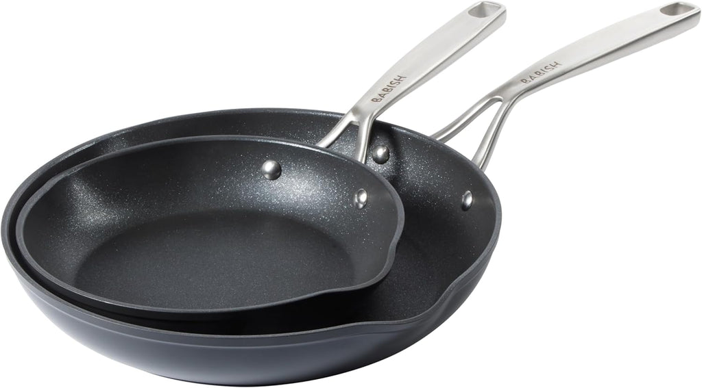 Babish 2 Piece 8 and 10 Inch Fry Pan Hard Anodized Laser Titanium Forever Non Stick Technology Durable Frying Pans Set - Black