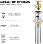 Pop up Sink Drain Stopper for Bathroom Vessel Vanity Sink Art Basin Chrome, Small Cap with Overflow, Metal Pop-up Drain Strainer with Detachable Basket Stopper