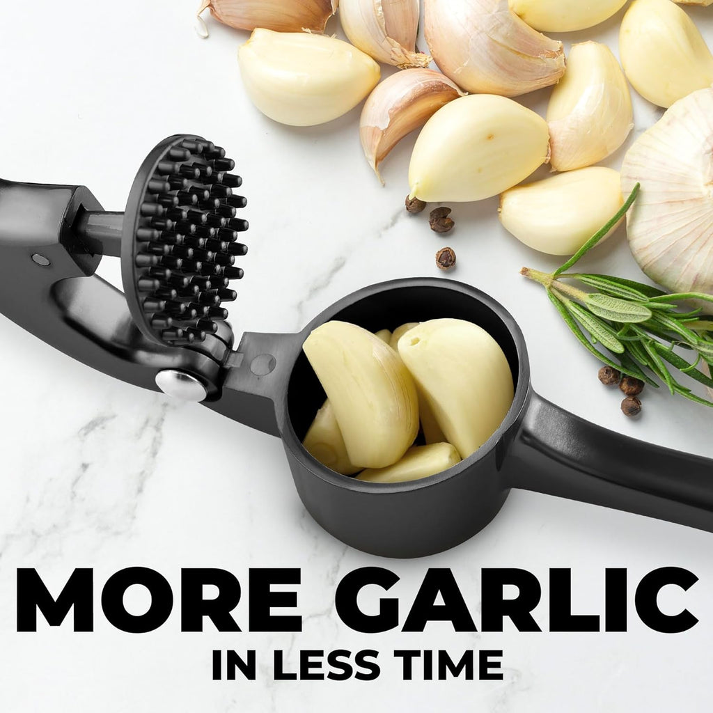 Zulay Kitchen Large Premium Garlic Press Set - Bigger Bowl for Bigger Garlic - Rust Proof & Dishwasher Safe Garlic Mincer Tool - Easy-Squeeze, Easy-Clean Silicone Garlic Peeler & Brush (Dark Gray)