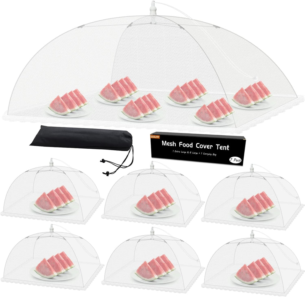 Mesh Food Covers for Outdoors - 7 Pack Upgraded 1 Extra Large 40x24 in & 6 Large 17x17 in Outdoor Party Food Cover Tent Collapsible Picnic Nets Umbrella Screen Pop Up Food Dome for Outside (White)