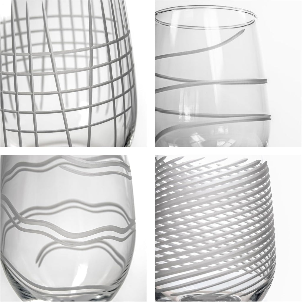 Rolf Glass Symmetry Stemless Wine Glass| 17oz Stemless Tumblers | Proudly Made in the USA | Lead-Free and Diamond-Wheel Engraved | Set of 4