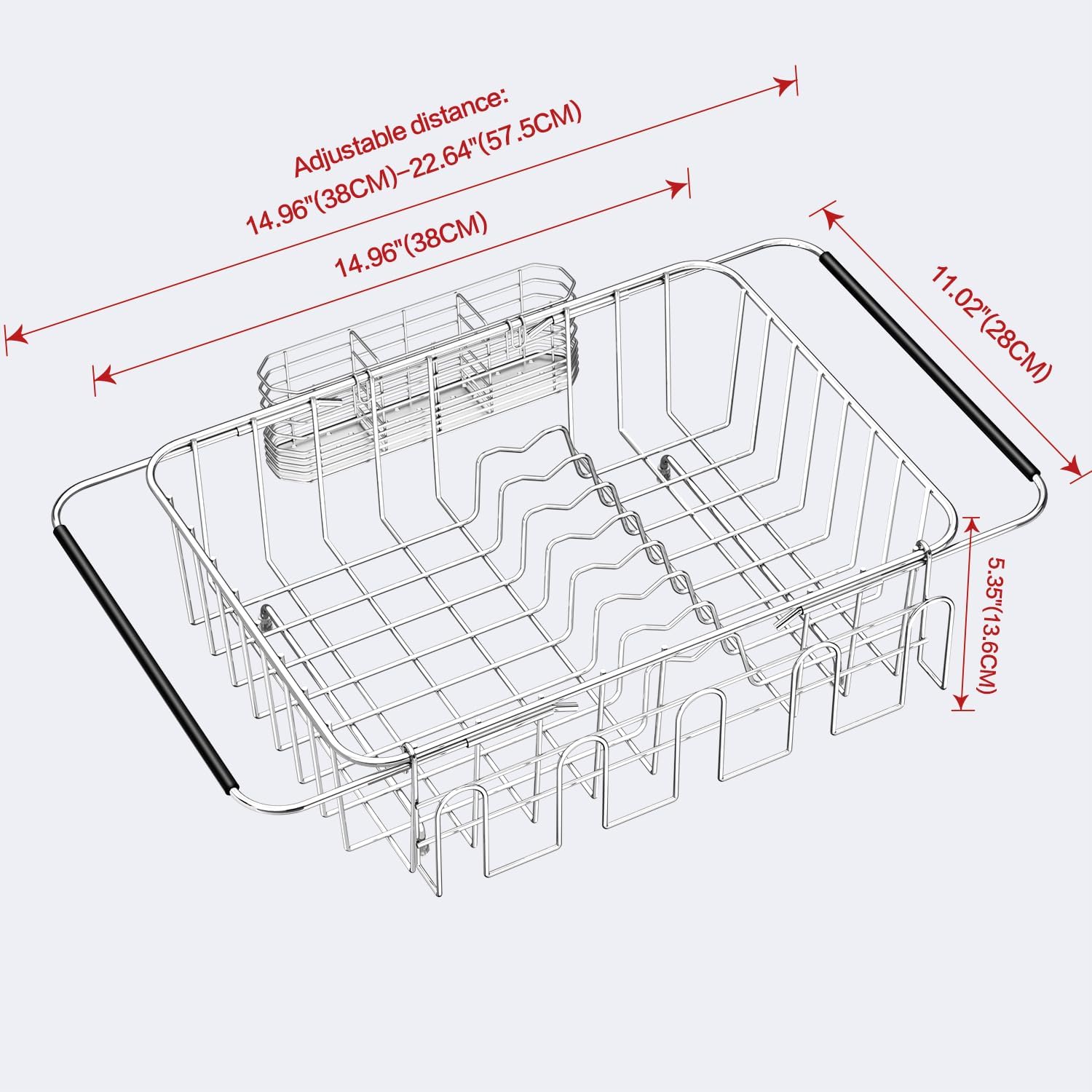 Dish Drying Rack in Sink, Extendable Stainless Steel Dish Drainers for Kitchen Counter, Anti-Rust Dish Dryer Rack with Utensil & Cup Holders, for Inside Sink, Over The Sink