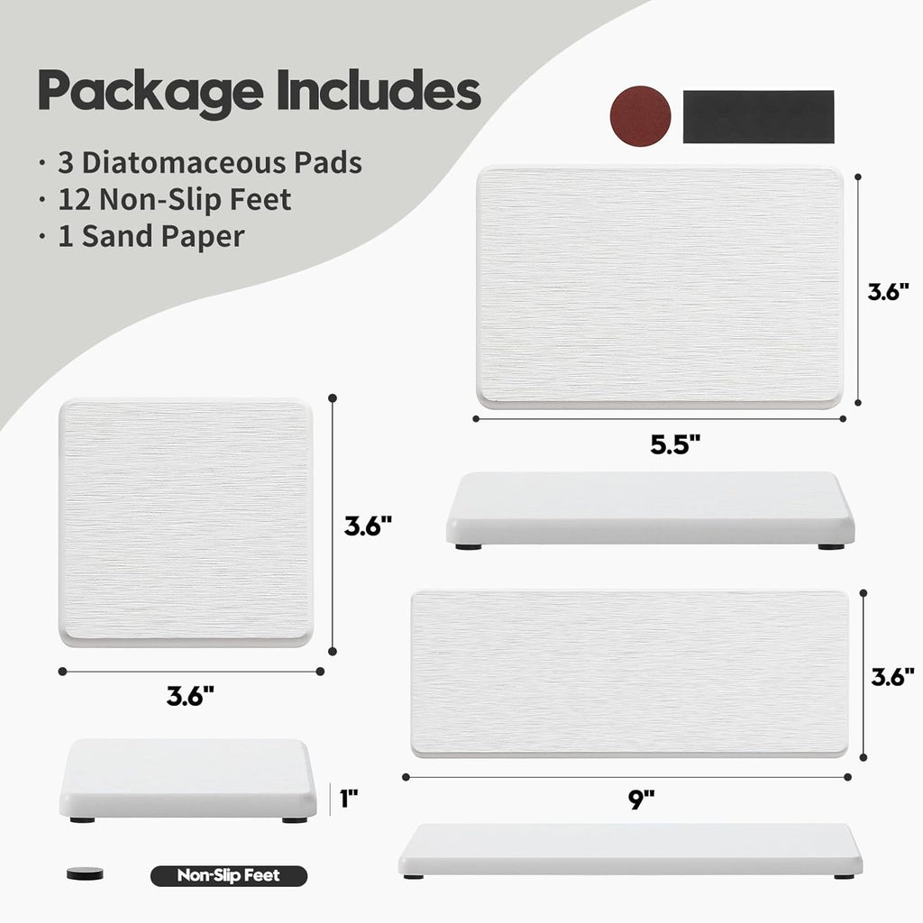 3PCS Bathroom Sink Vanity Trays, Quick Stone Drying Mat Dish Soap Dispenser Sponge Holder for Kitchen Counter, Diatomaceous Earth Water Absorbing Caddy Organizer, White