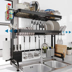 Over The Sink Dish Drying Rack,3 Tier Adjustable Length Full Stainless Steel Large Storage Kitchen Dish Rack,for Kitchen Counter Expandable Multifunctional Organizers,Silver(25.5'' to 37.4'')