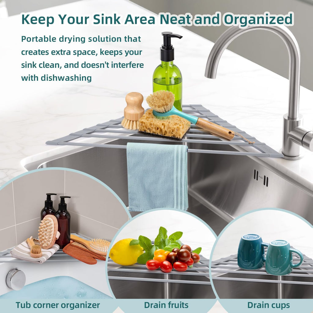 Ohuhu Triangle Roll Up Dish Drying Rack, Anti-Slip Organizer for Kitchen Sink Drying Rack with Full Silicone Wrapped for Top of Sink Coner Grey