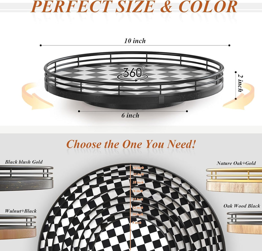 Black and White Kitchen Lazy Susan Turntable – Checkered Round Decorative Tray, 10” Table Top Oak Wood Lazy Susan for Cookies, Dining Table Organizer, Small Kitchen Table Centerpiece