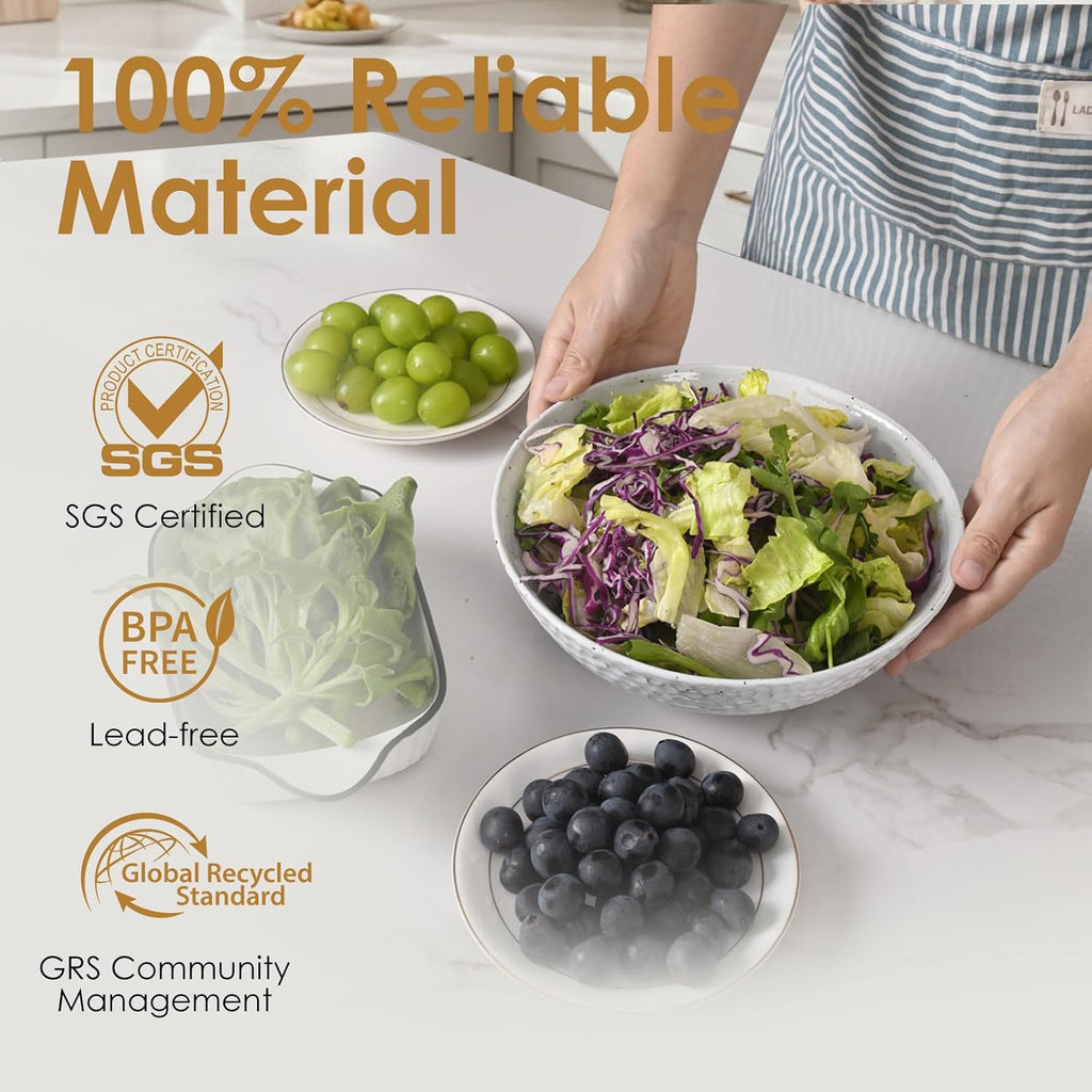 Wotalation Large White Ceramic Salad Serving Bowl - 9.4 Inch Party Bowl for Holidays, Fruit Bowl with Bamboo Utensils (57.4oz), Microwave & Dishwasher Safe