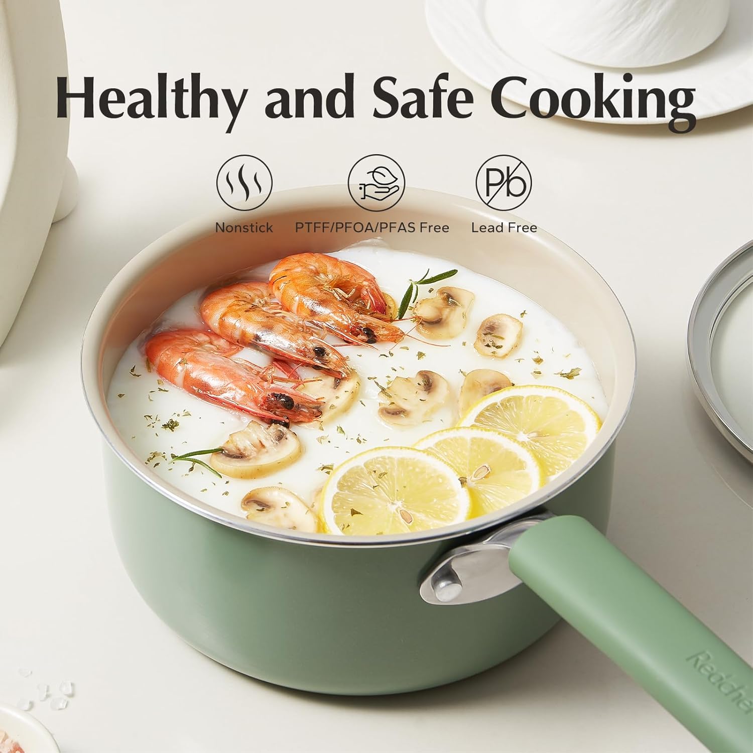 Redchef Ceramic Nonstick Saucepan with Lid, 1.5QT Small Cooking Pot, Non Toxic Sauce Pans for Kitchen, Cool Handle PFAS Free Compatible with All Cooktops, Green