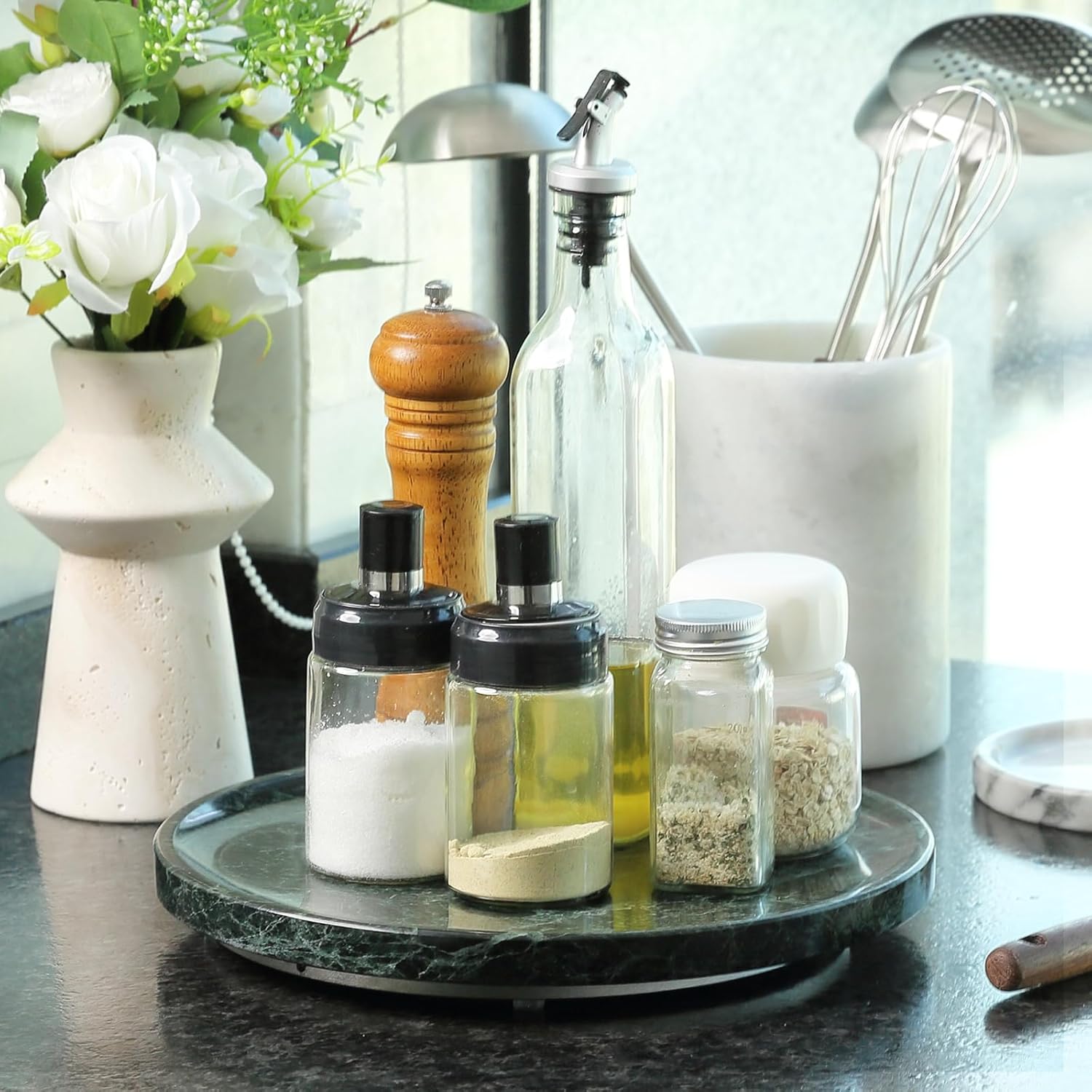 Marble Lazy Susan, 12in Lazy Susan Turntable Organizer for Cabinet Pantry Kitchen Countertop Fridge Bathroom Makeup Vanity Countertop, Detachable Lazy Susan for Table Top, Italian Green