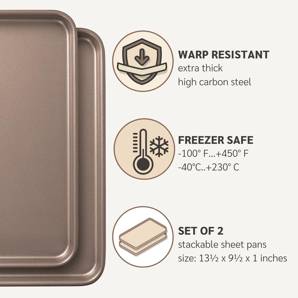 Nonstick 9x13 inch Quarter Baking Sheet Set of 2 | PFOA & BPA Free Non Toxic 13x9 inches Cookie Sheets | Best Non stick Cooking Pans, Small Tray for Toaster Oven | Nontoxic Baking Pan 9 x 13