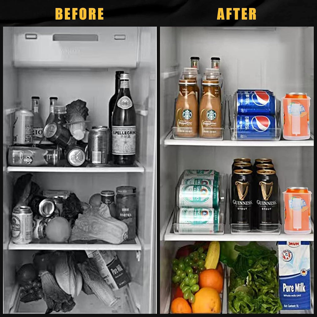 4 Pack Skinny Can Organizer for Refrigerator, Stackable Tall Skinny Soda Pop Can Holder Dispenser with Lid for Fridge Pantry Rack Freezer, Clear Plastic Storage Bins-Holds 12 Slim Cans Each