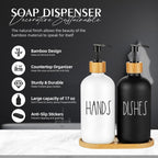 Arktek Glass Soap Dispenser Set with Tray, 2 Pack Hand and Dish Soap Dispenser Set for Bathroom and Kitchen Bottle Dispenser with Dish Soap, Hand Soap, Lotion 17 Oz (Black & White)