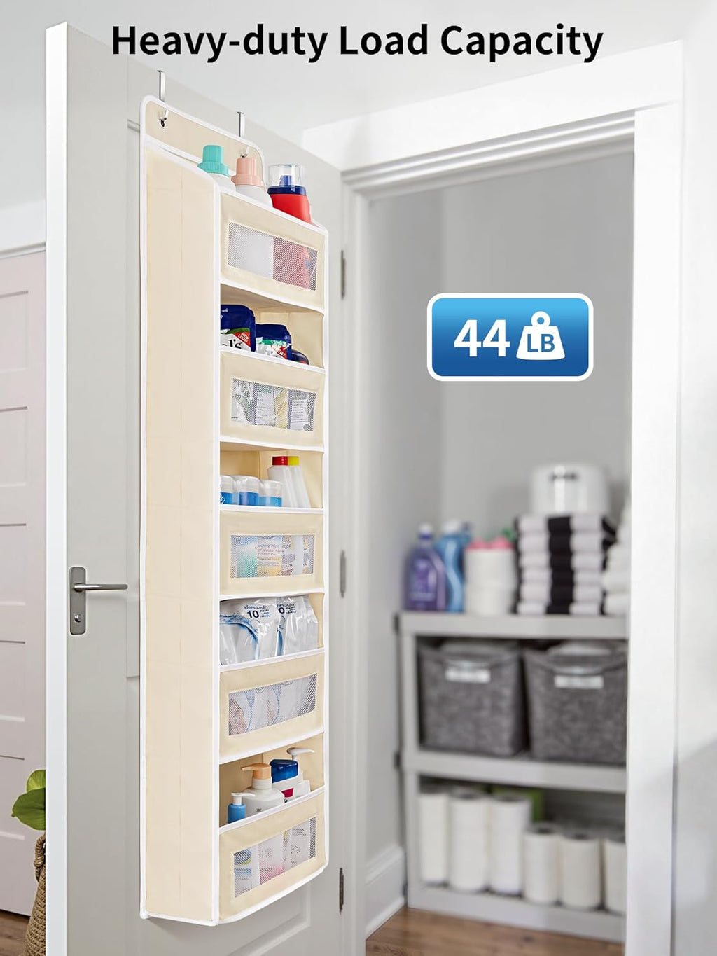 JARLINK Over The Door Organizer Storage, 5 Shelf Hanging Door Organizer with 5 Large Capacity Pockets, Anti Tilt 44 lb Load Behind Door Storage for Bedroom, Bathroom, Pantry, Nursery, (Beige)