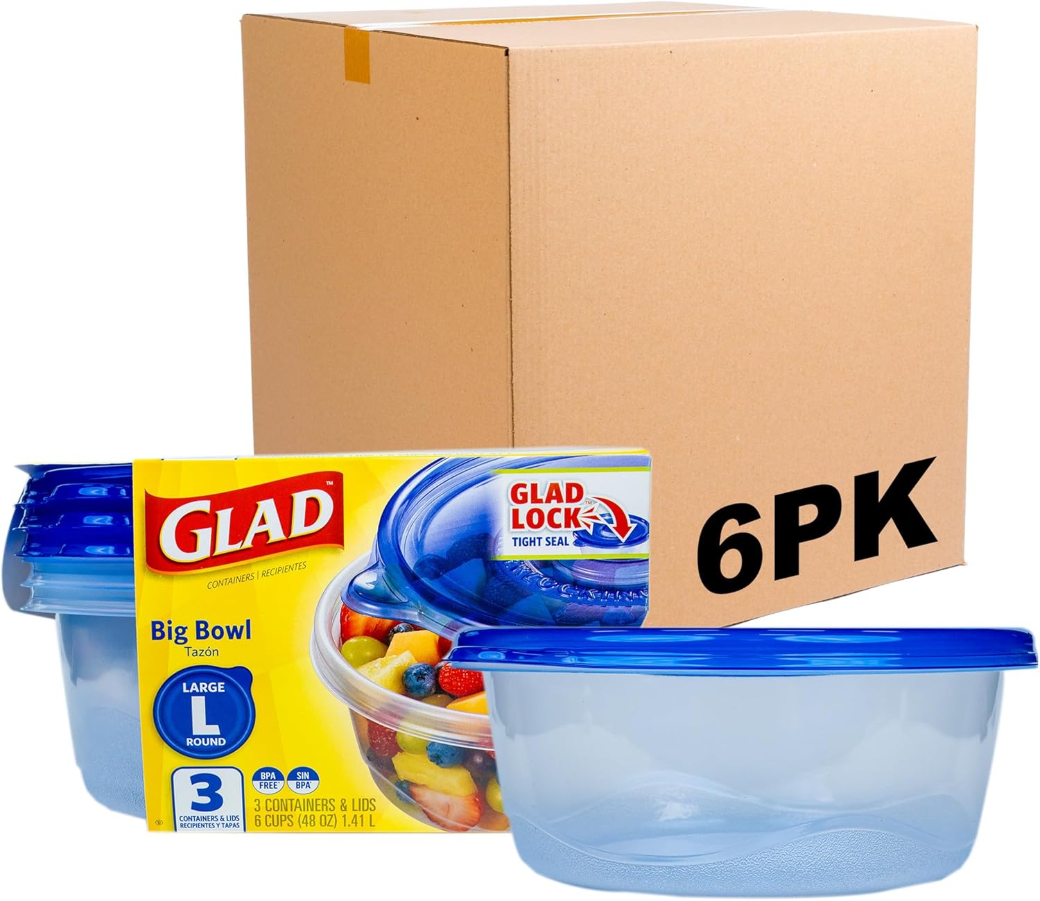Glad GladWare Big Bowl Food Storage Containers, Large Round Bowl Holds 48 Ounces of Food Food Storage Containers for Everyday Use to Preserve Freshness, 3 Count - 6 Pack