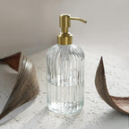 JASAI 18Oz Glass Soap Dispenser with Golden Pump for Kitchen,Refillable Liquid Hand soap Dispenser with Vertical Stripe, Clear Soap Dispenser Bathroom for Hand soap, Dish Soap, Lotion