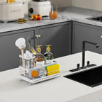 Cisily Kitchen Sink Caddy Organizer, Sponge Holder, Detergent Brush Holder, Plug Storage, White, Stainless Steel, Adjustable, 3 Compartments, 9.56" x 5.15" x 5.15"