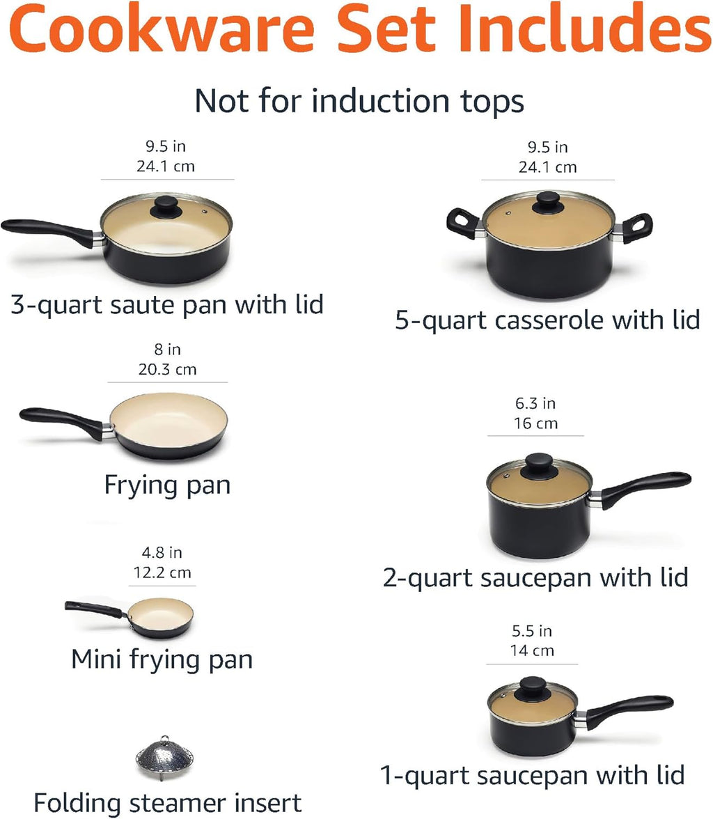 Amazon Basics 11-Piece Ceramic Non-Stick Pots and Pans Set, Dishwasher & Oven Safe, Non-Toxic, Easy Clean, Black/Cream