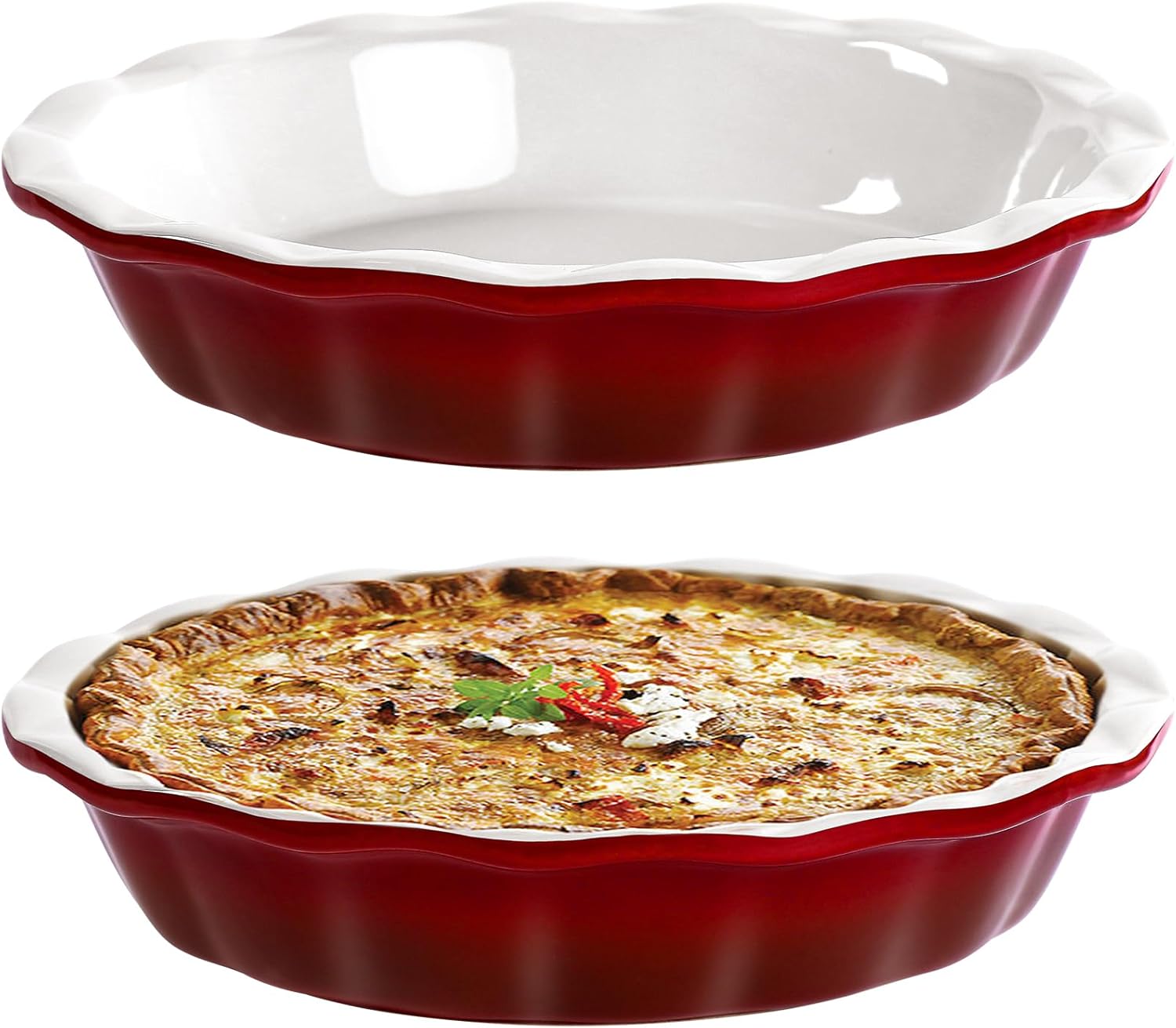 Lareina Pie Pans for Baking, Ceramic 9 Inch Deep Pie Dish with Rippled Edge for Apple Pie, Pecan Pie, Colorful and Durable Pie Plate, Christmas Gifts for Women, Set of 2, Red