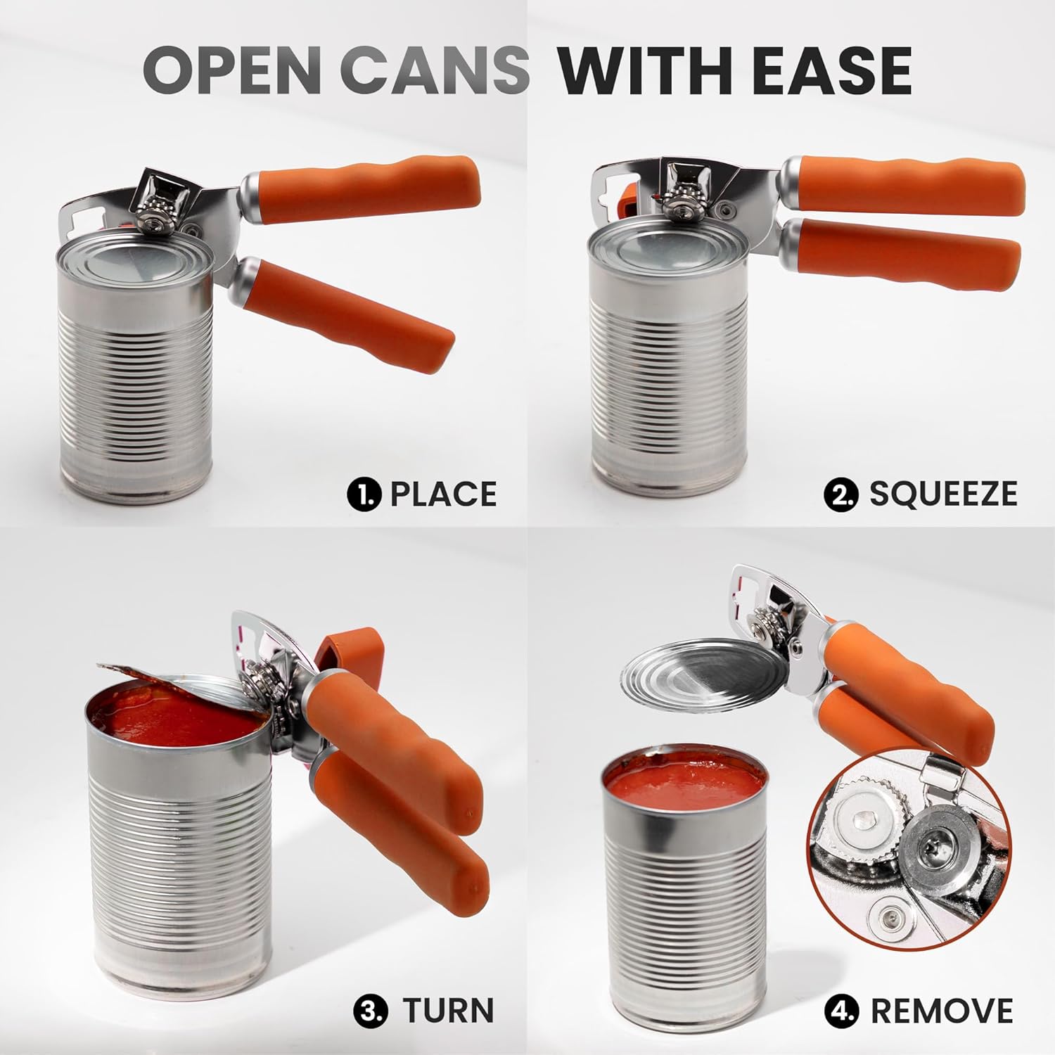 Zulay Kitchen Heavy Duty Stainless Steel Can Opener Manual with Bottle Opener - Rust Proof Manual Can Opener With Turn Knob & Comfy Soft Grip Handles - Orange