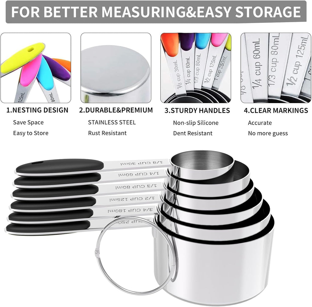TILUCK measuring cups and magnetic measuring spoons set, stainless steel measuring cups, 6 double-sided stainless steel measuring spoons & 1 leveler (6+7)