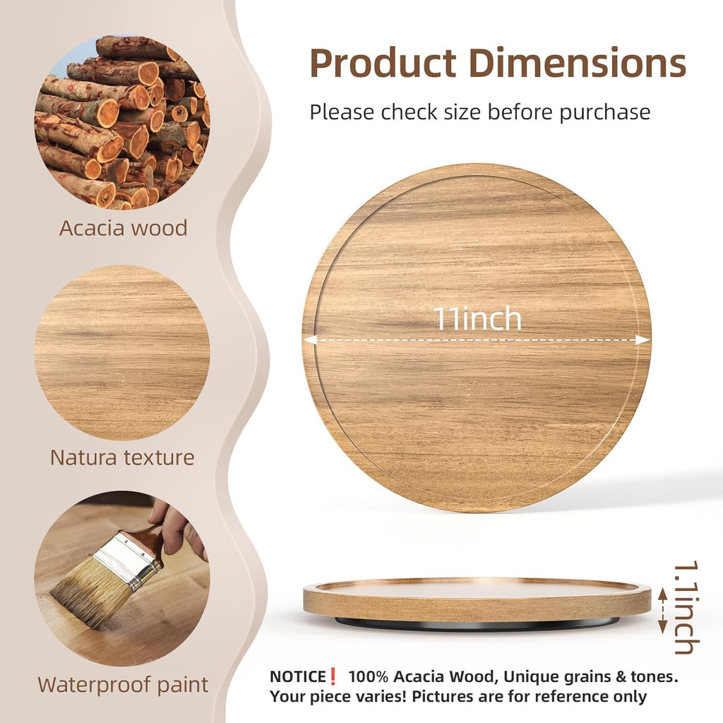 LAMU 11'' Acacia Wood Lazy Susan Organizer for Table Top, Lazy Susan Turntable for Cabinet, Kitchen, Countertop, Pantry Organization