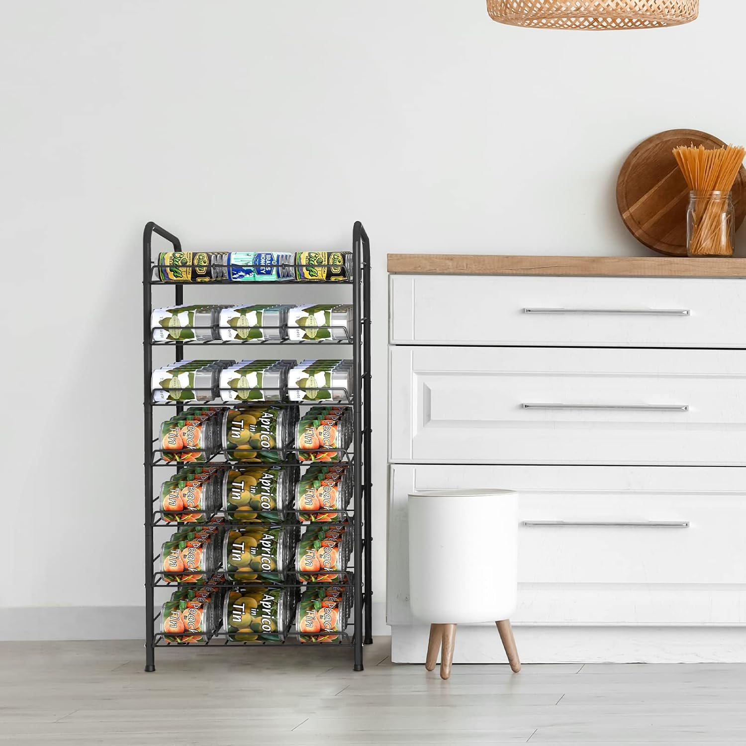 Vrisa Can Organizer for Pantry 7-tier Can Rack Organizer Metal Can Storage Dispenser Rack Holds up to 84 Cans for Canned Food Kitchen Cabinet or Pantry Shelf Black