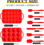 8 Pcs Silicone Muffin Pan Set, 12 Cup Regular & 24 Cup Mini Nonstick Muffin Tray with 6 Pcs Utensils, Silicone Muffin Pan for Baking with Metal Reinforced Frame, BPA Free (Red)