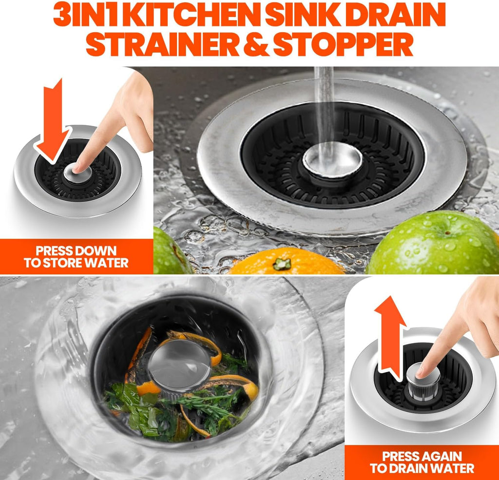 Kitchen Sink Drain Strainer & Sink Stopper, Upgraded Stainless Steel Drain Plug Combo with Anti-Clog Basket, Pop Up Drain Cover for Standard 3-1/2'',Garbage Disposal Parts
