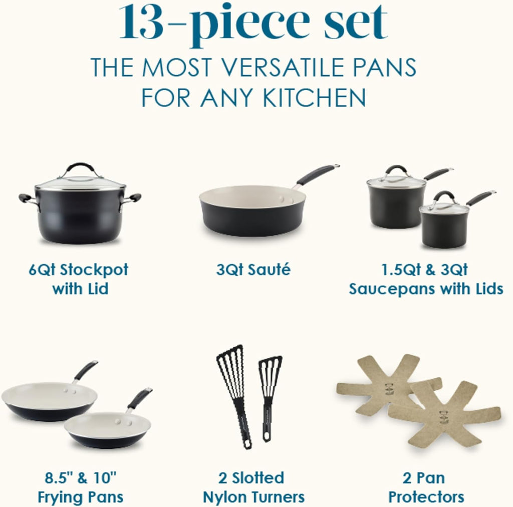 Rachael Ray Cucina Ceramic Cookware Set - 13 Pieces - Ceramic Pots and Pans Set w/Nonstick Frying Pans, Saute Pan, Saucepans, Stockpot, Lids, Pan Protectors & Cooking Utensils - Peppercorn