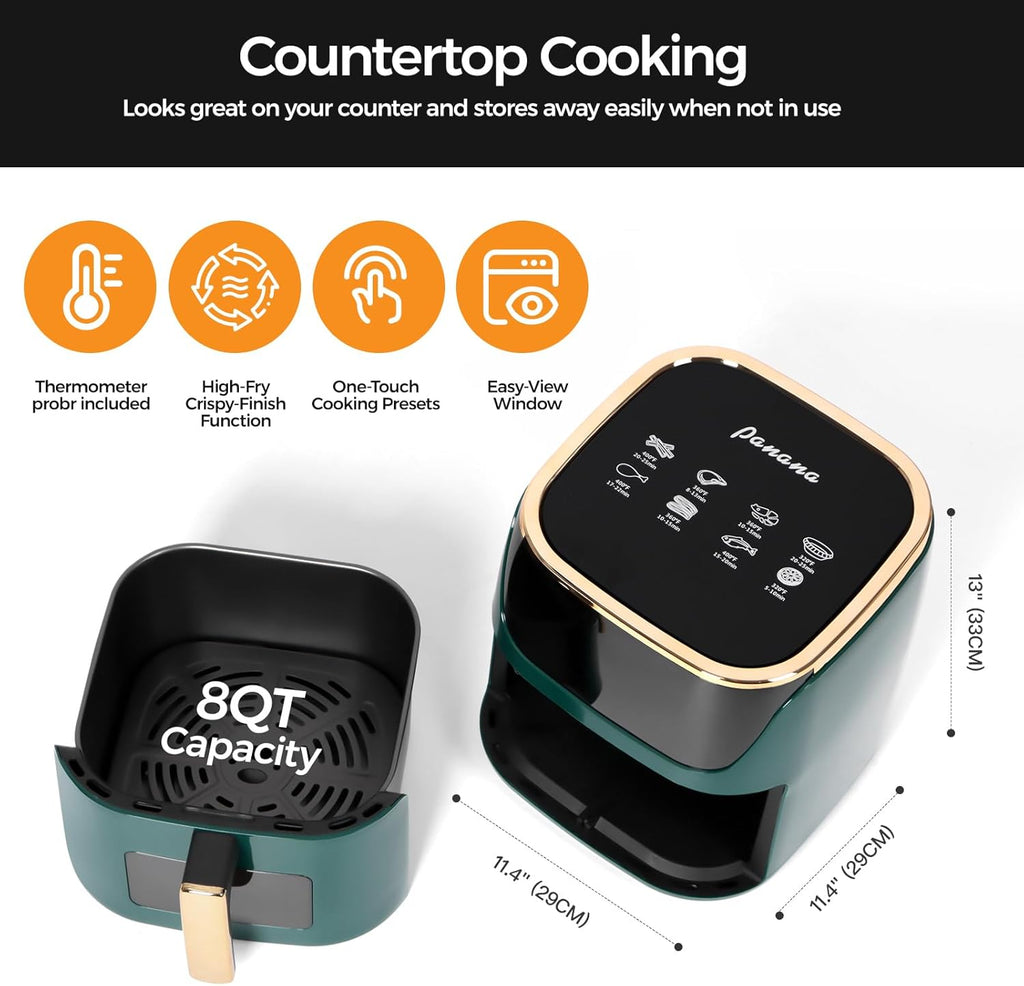 Panana 8QT Large Air Fryer Compact, 8 Preset Menus Airfryer, One-Touch Digital Control Presets, Touchscreen Display, Dishwasher Safe, Nonstick, Fit for Family (Green)
