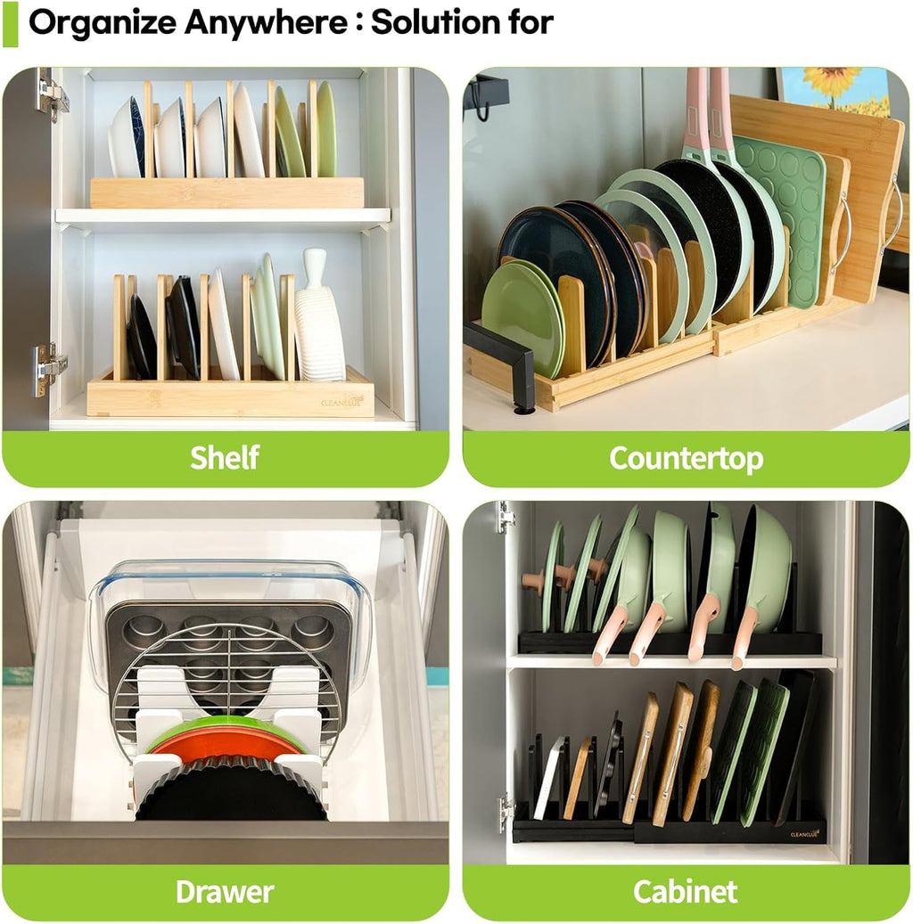 Pots and Pans Organizer under Cabinet, Bamboo Expandable Bakeware and Cutting Board Organizers, Adjustable Pot Lids Holder Rack, Cookie Sheet Baking Pan, Tray Organizer for Kitchen Storage (White)