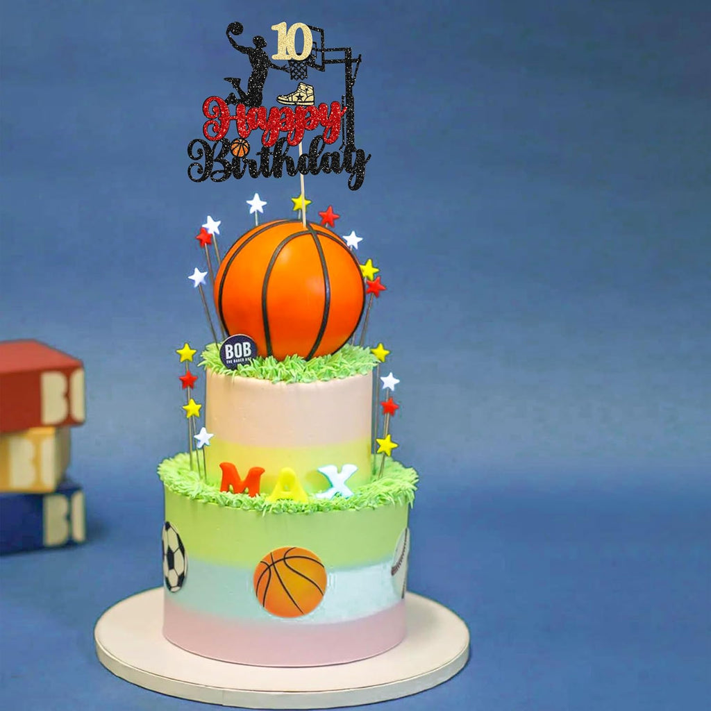1Pc 10th Birthday Basketball Cake Topper Glitter Basketball Sports Theme Cake Pick for Baby Shower 10th Birthday Cake Decorations Party Supplies Black