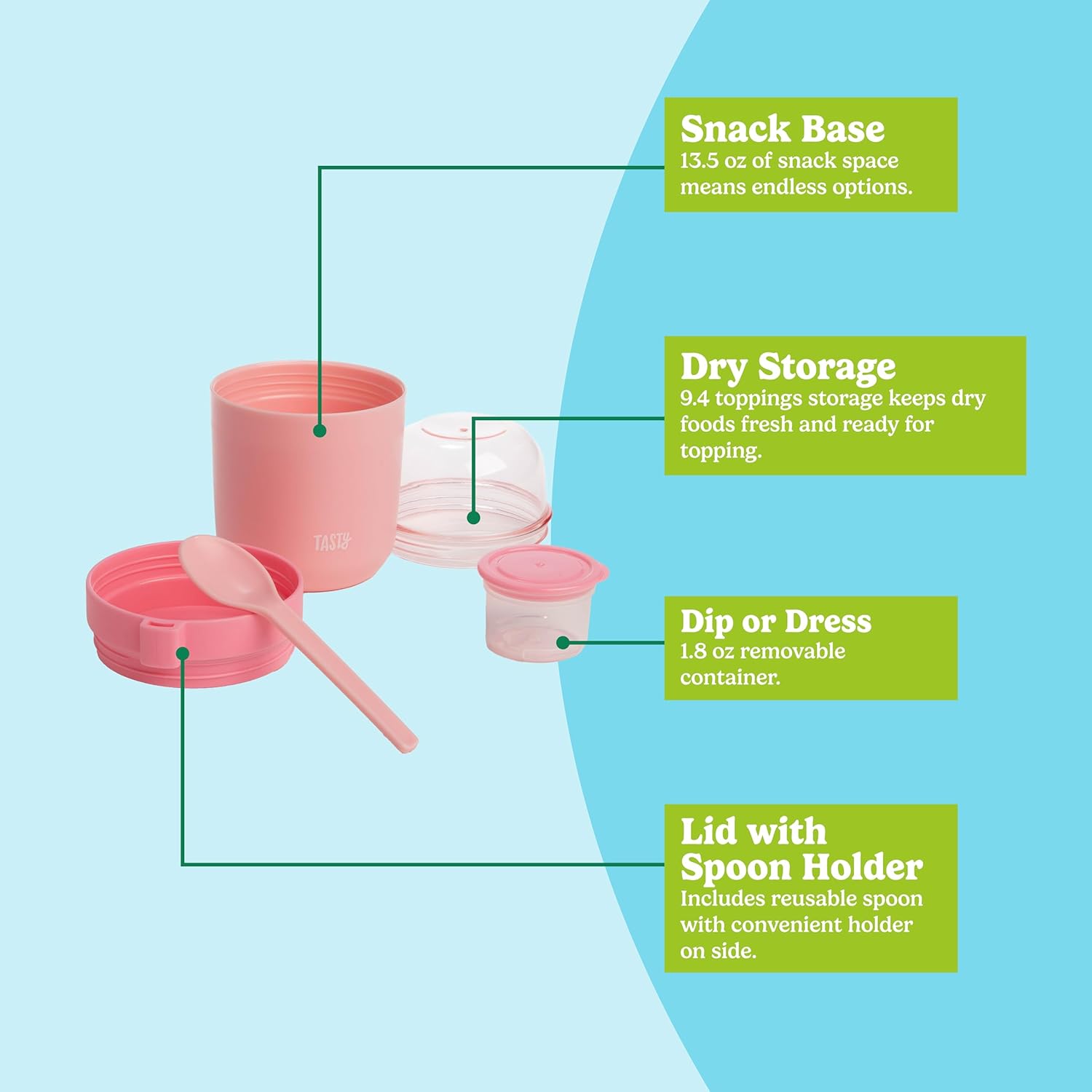 Tasty Travel Snack Cups with Spoons, On-The-Go Snacking, Divided Compartments, Great for Nuts, Cereal, Granola, Yogurt and More, Made Without BPA, 2-Pack, Pink