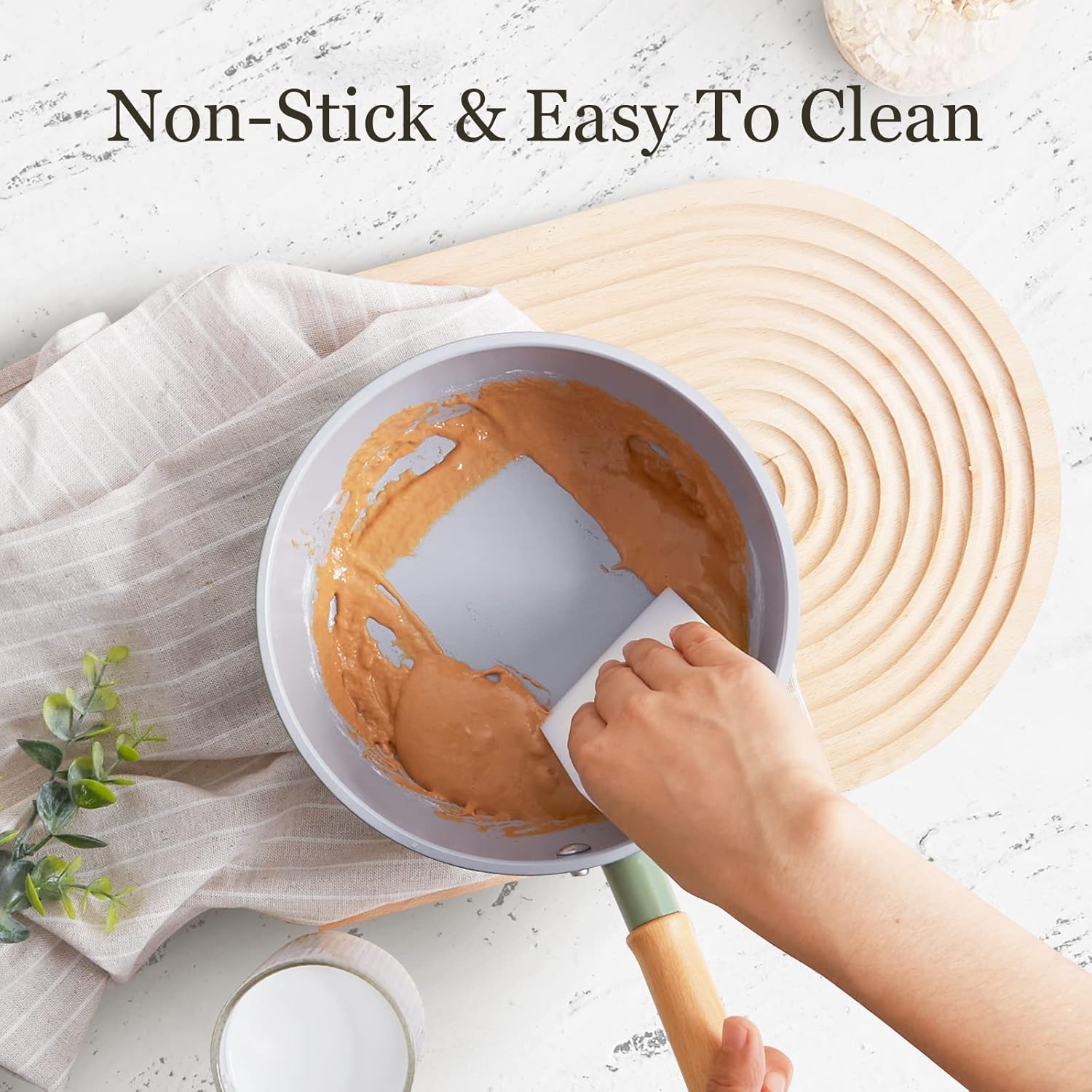 ROCKURWOK Ceramic Nonstick Sauce Pan with Lid, 1.5 Qt Small Pots for Cooking, Small Pot Wooden Handle for Cool Touch, Non Toxic & Pfas-Free Saucepan, Universal Base(Gas, Electric & Induction), Green