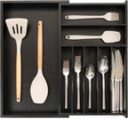 KitchenEdge Premium Silverware, Flatware and Utensil Organizer for Kitchen Drawers, Food-Safe Contract Grade, Expandable from 10.5 to 19 In, Black Bamboo