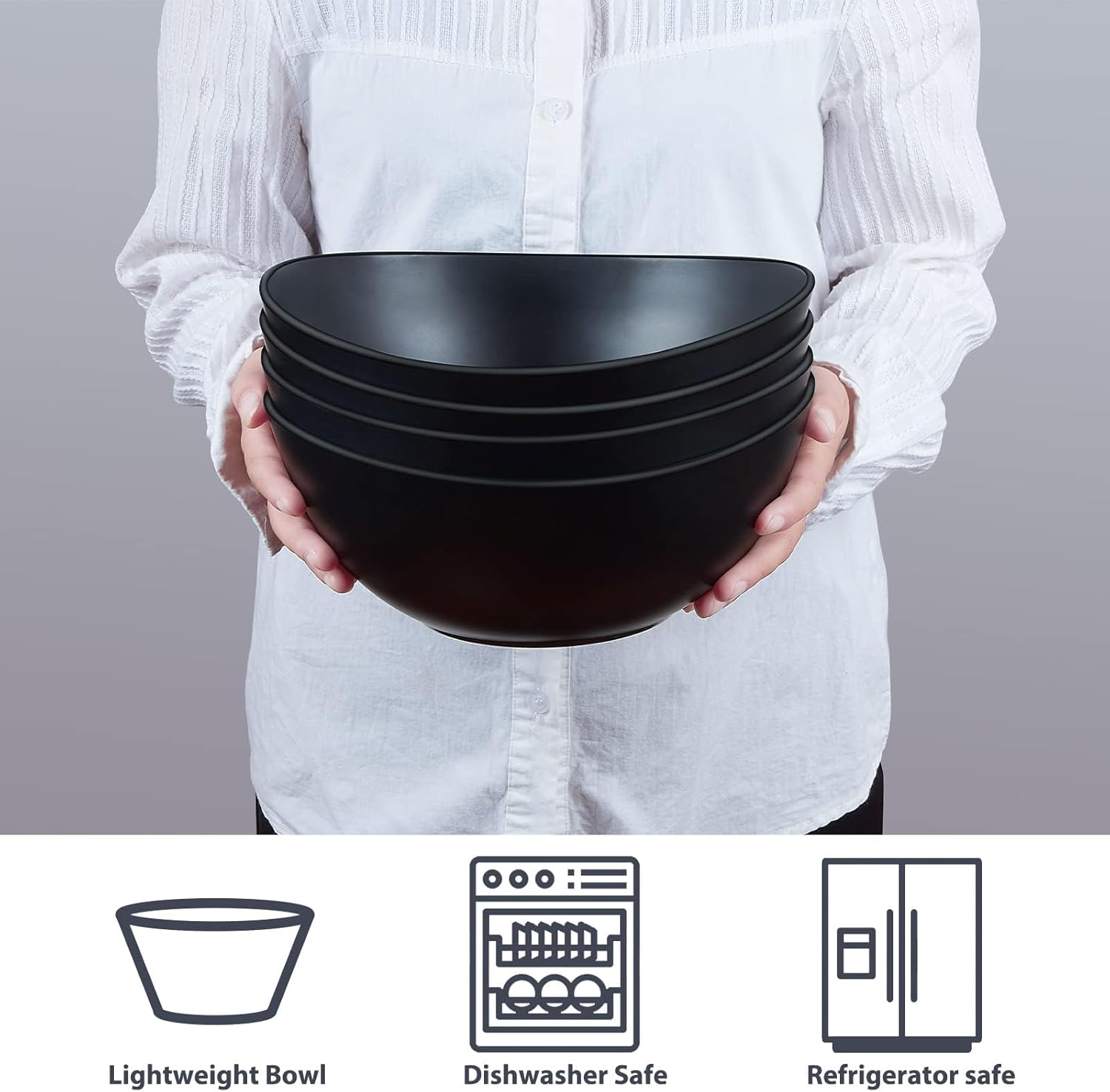 9.6'' Serving Bowls, 84oz Bamboo Fiber Salad Set of 4, Large for Kitchen, Deep Oval for Salad, Vegetable, Fruit, Pasta, Ramen, Lightweight & Easy to Clean (Matte Black)