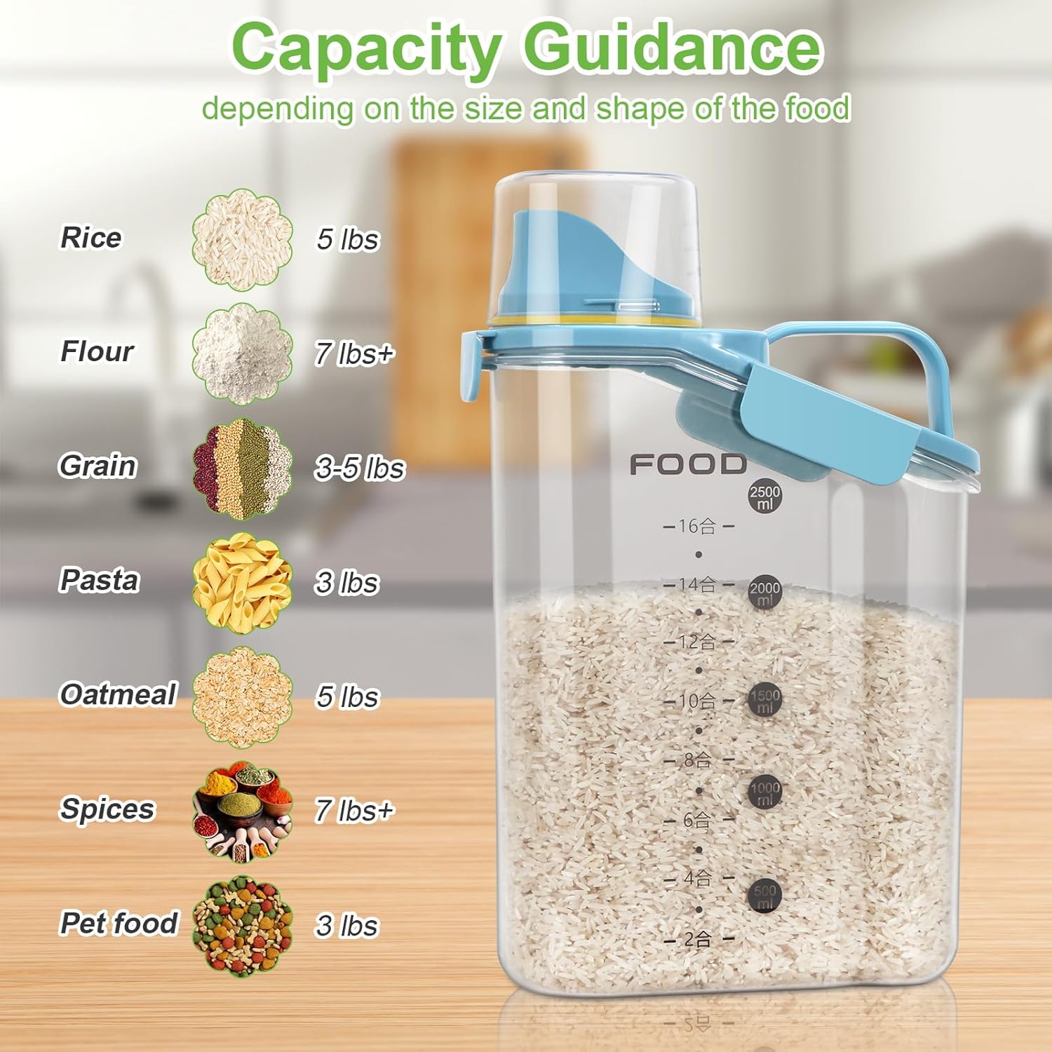 Rice Storage Container, Cereal Containers Storage, Dry Food Airtight Dispenser BPA Free, Clear Plastic Kitchen and Pantry Organization Bin (2, Blue, 3Qt)
