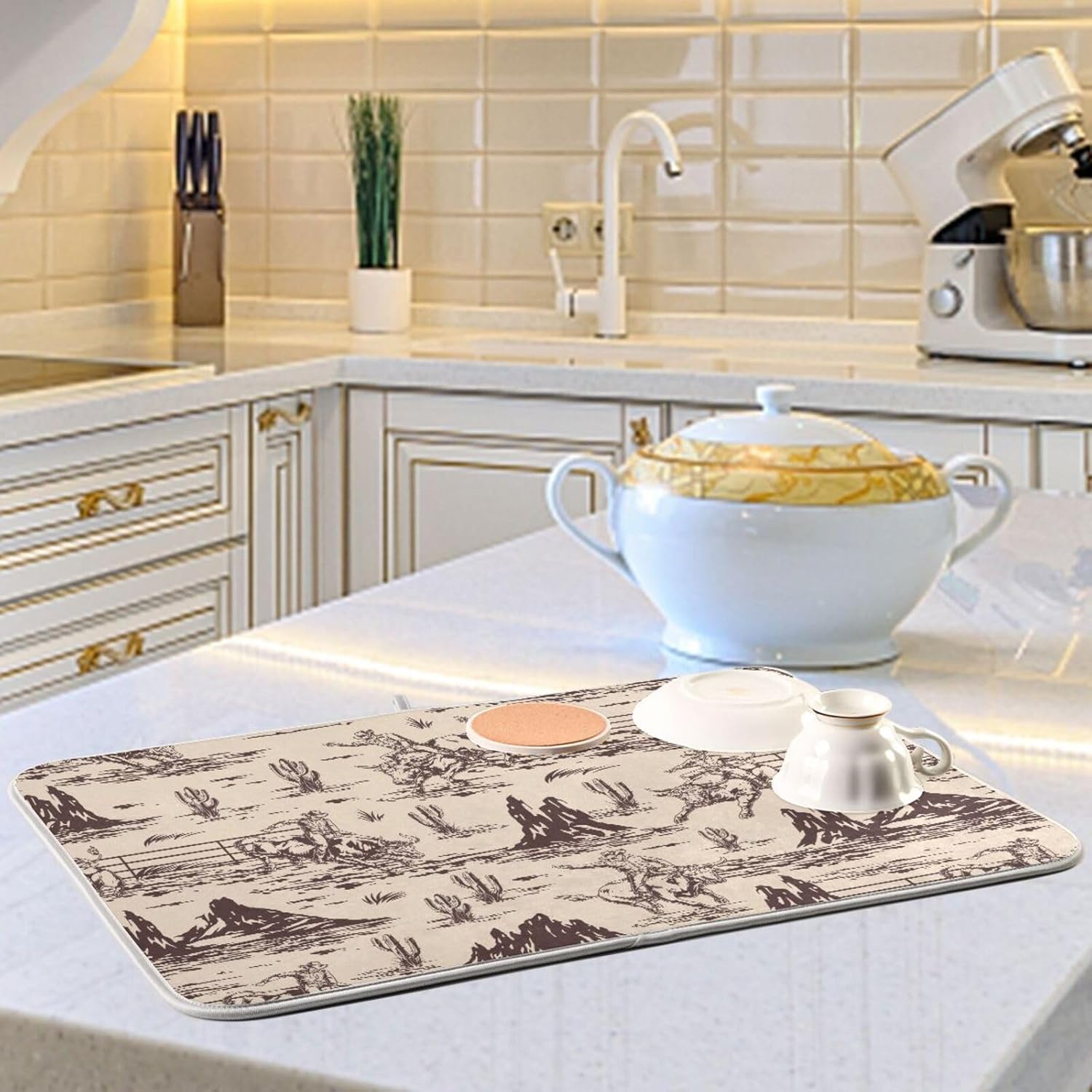 West Cactus Cowboy Dish Drying Mat for Kitchen Counter Absorbent Microfiber Drying Pad, Medium 16x18 in, Reversible Drainer Mats