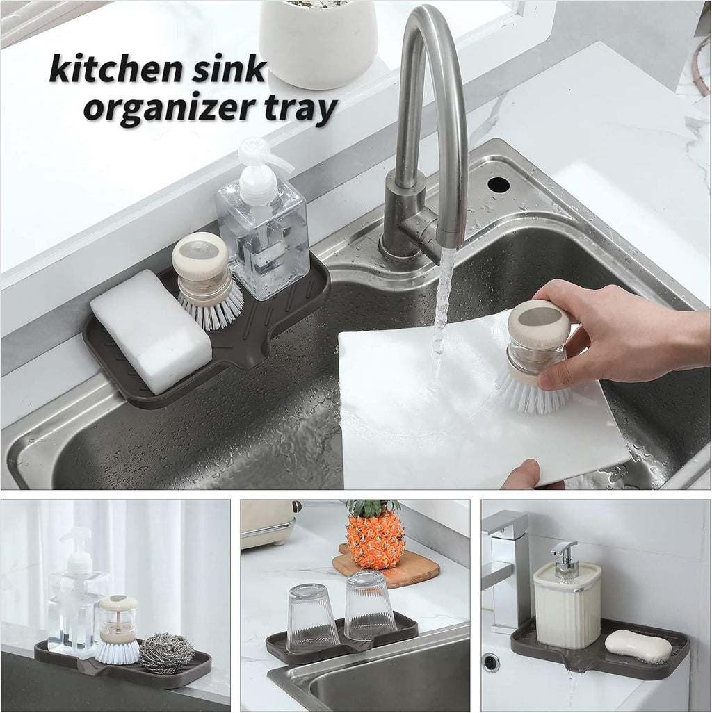 Silicone Bathroom Soap Dishes with Drain Spout-Bathroom and Kitchen Sink Organizer,Sponge Holder,Dish Soap Tray,Perfect for Dispenser,Scrubber,Bottle,Cup on Sink or Counter-Coffee 9.6"×5.3"
