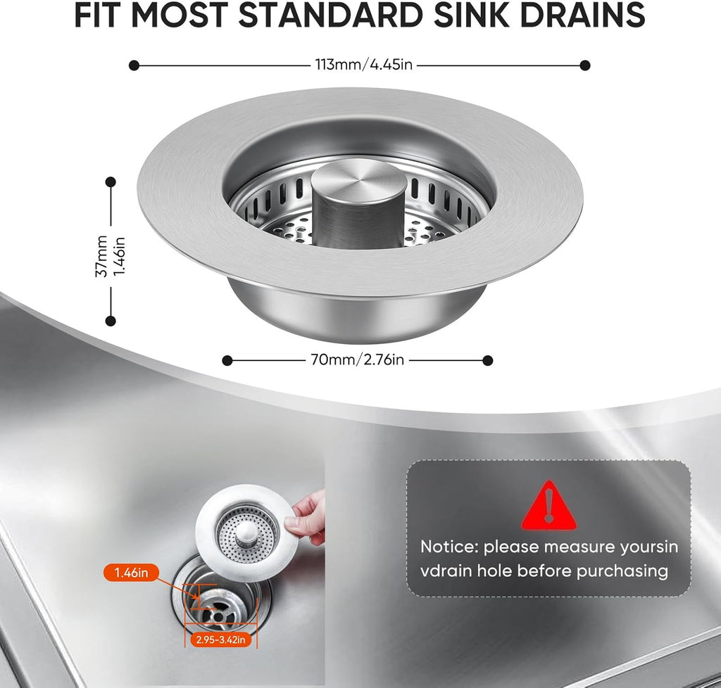 Upgraded 3 in 1 Kitchen Sink Drain Strainer & Sink Stopper,304 Stainless Steel Pop-Up Kitchen Sink Drain Strainer and Stopper Combo,Fits US Standard 3-1/2 Inch Drain, Anti-Clogging Odor Prevention