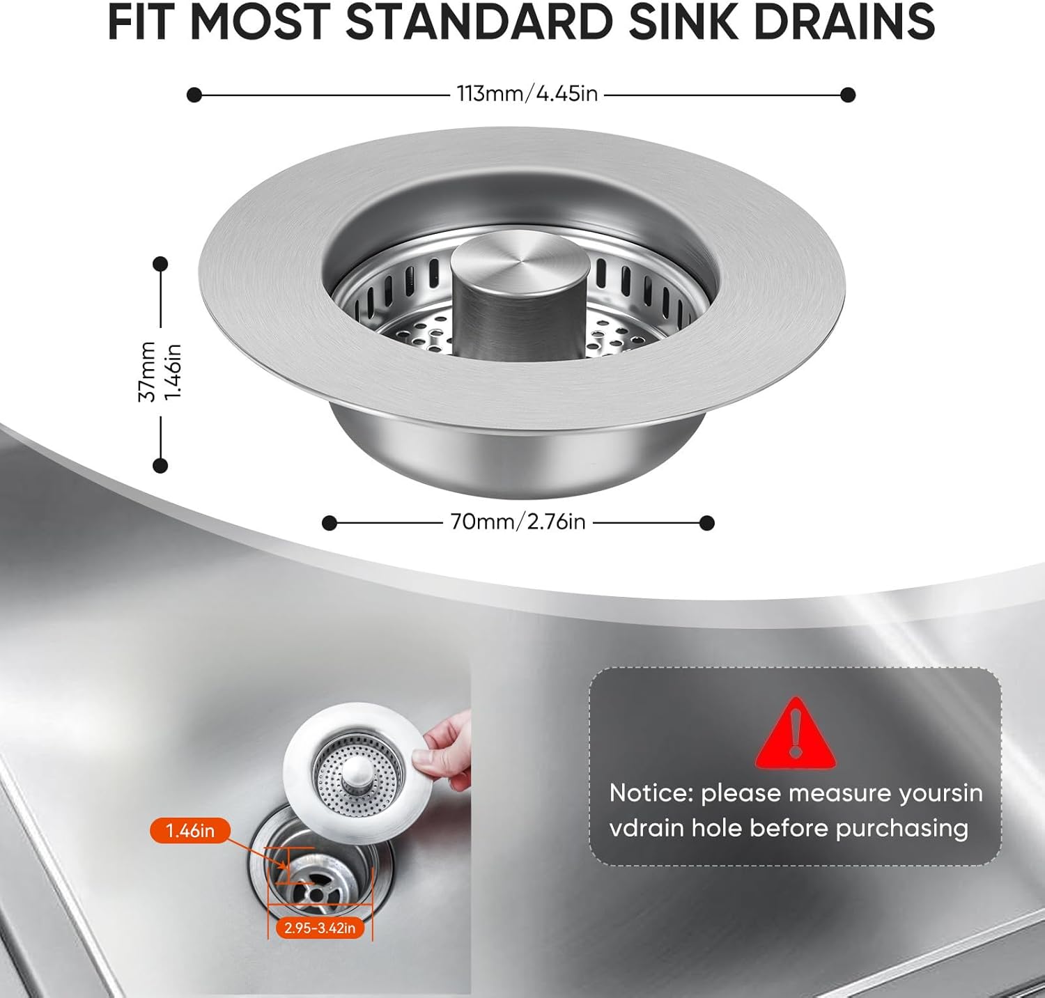 Upgraded 3 in 1 Kitchen Sink Drain Strainer & Sink Stopper,304 Stainless Steel Pop-Up Kitchen Sink Drain Strainer and Stopper Combo,Fits US Standard 3-1/2 Inch Drain, Anti-Clogging Odor Prevention