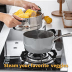 Ceramic Nonstick Tri-Ply Stainless Steel Sauce Pan with Steamer,2.5 Quart Small Multipurpose Pot with Pour Spout,Strainer Glass Lid, 2qt Saucepan for Cooking with Stay-cool Handle,Grey