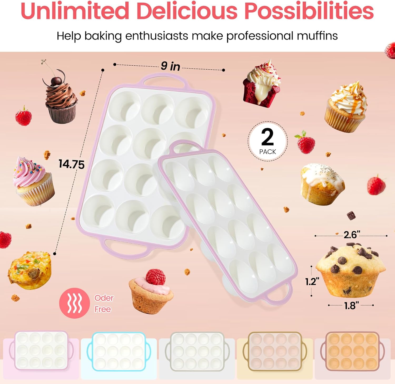 Silicone Muffin Pans for Baking 2 Pack, 2.6 Inch with Metal Reinforced Frame, Regular Size Nonstick Silicone Cupcake Pan for Baking Homemade Muffins, Cupcakes, Dishwasher Safe BPA Free-Pink