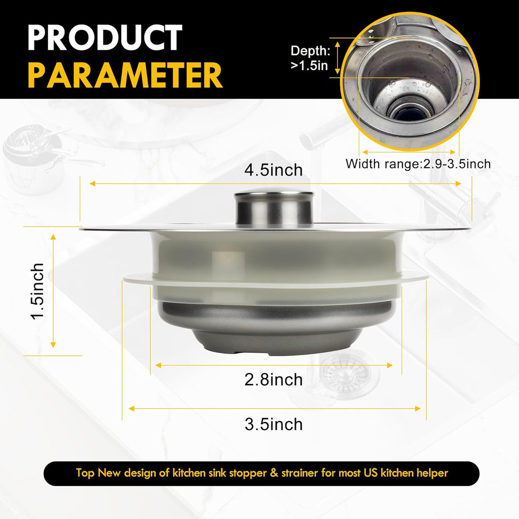 5-in-1 Stainless Steel Sink Aid, Kitchen Sink Drain Strainer Food Catcher, Popup Kitchen Sink Stopper & Odor Filter, Kitchen Sink Strainer Accessories with Drain Basket (Classic Brushed)