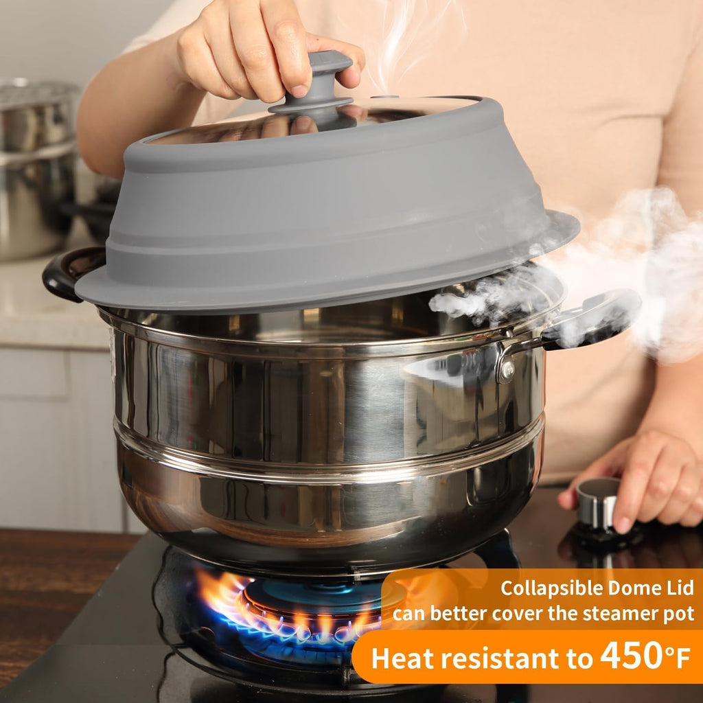 Collapsible Microwave Splatter Lid with Vented Tempered Glass Cover Wok Lid for Microwave Safe, Stockpot Steamer Pot Pan 11-12.5 inch Universal Multifunction Silicone Cover