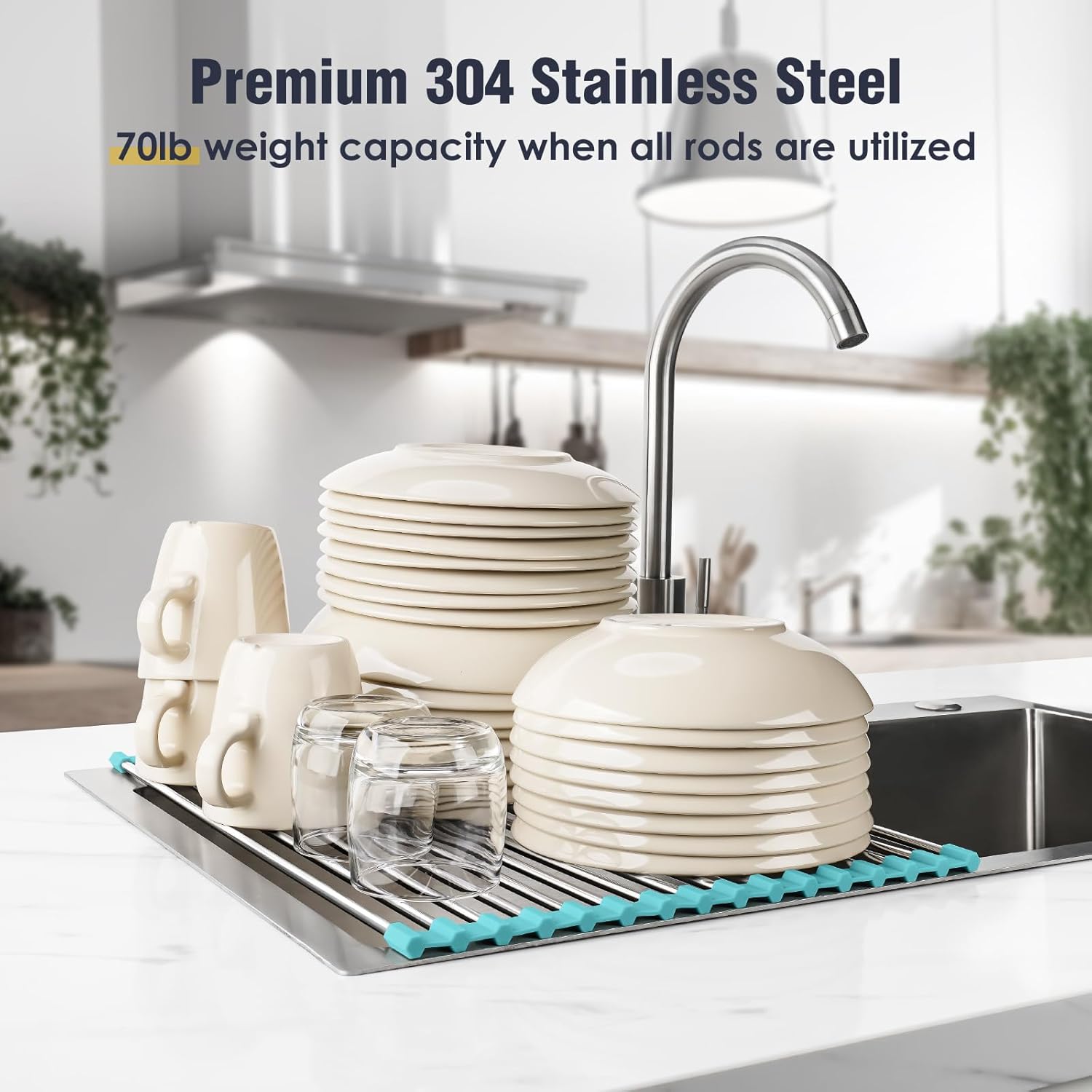 Tomorotec 17.7" x 12.5" Roll Up Dish Drying Rack Over Sink Drying Rack Sink Cover Kitchen Sink Accessories Gadget Multipurpose Organizer Foldable Stainless Steel Drainer