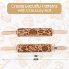 Floral Rose Embossed Rolling Pin for Baking Cookies Embossing Rolling Pins with Design Wooden Engraved Springerle Shortbread Roller Pin Flower Patterned Clay Pottery Ceramic Stamp Mold Bakers Women