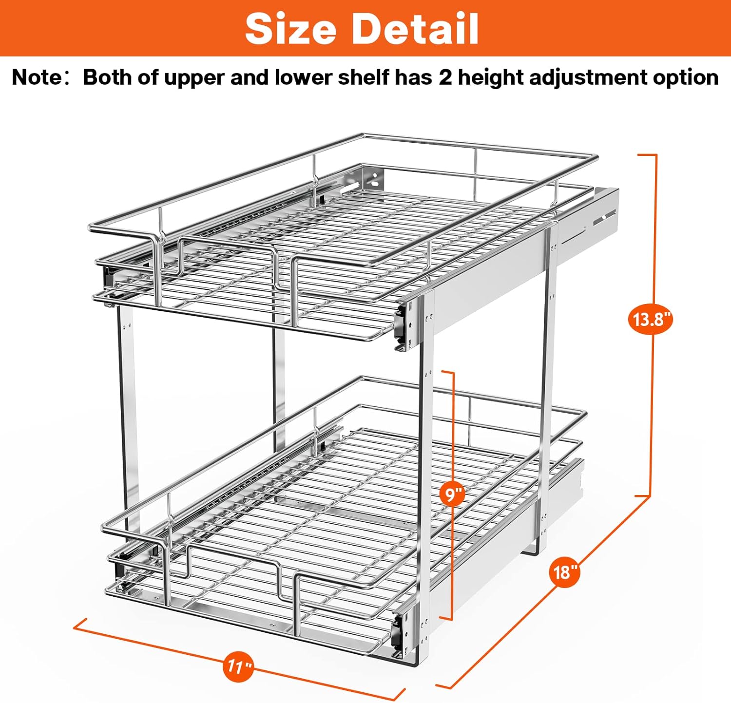 ROOMTEC Individual Pull Out Cabinet Organizer (11" W x 18" D), 2 Tier Spice Rack Organizer for Cabinet, Slide Out Drawer Pantry Shelf Organization and Storage for Kitchen Bathroom